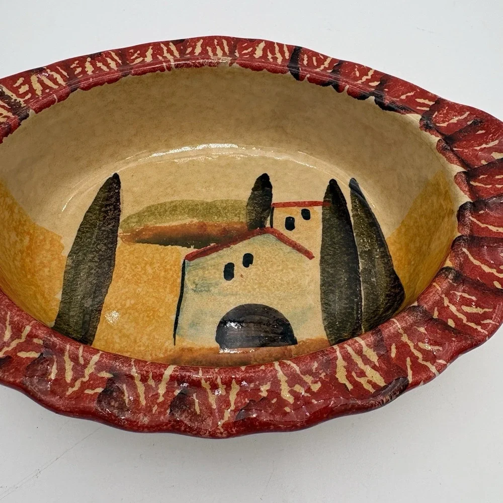 ITALICA ARS Hand Painted Pottery 8-1/2 x 6 Oval Oven Bowl, Italy‎